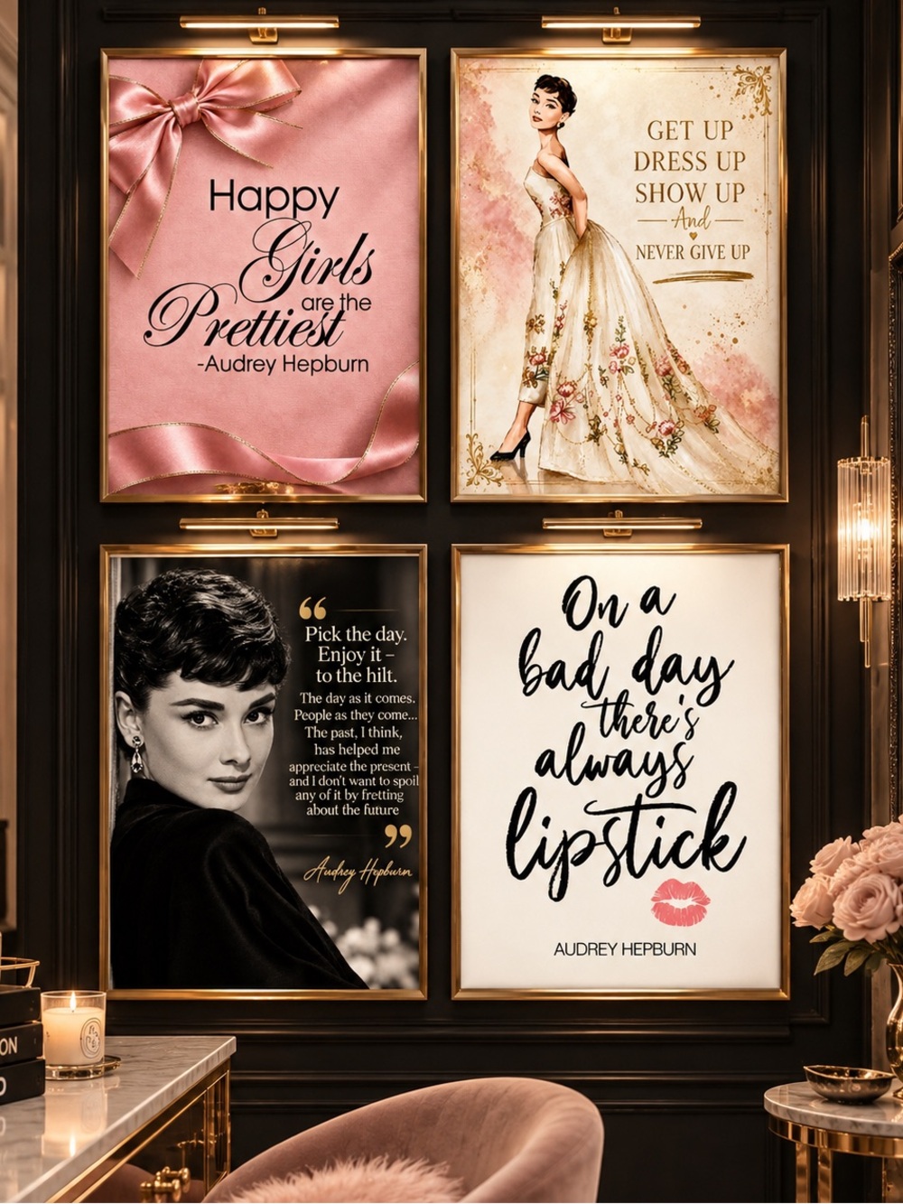 Audrey Hepburn Pink and Cream Wall Art Set - Inspirational Quotes